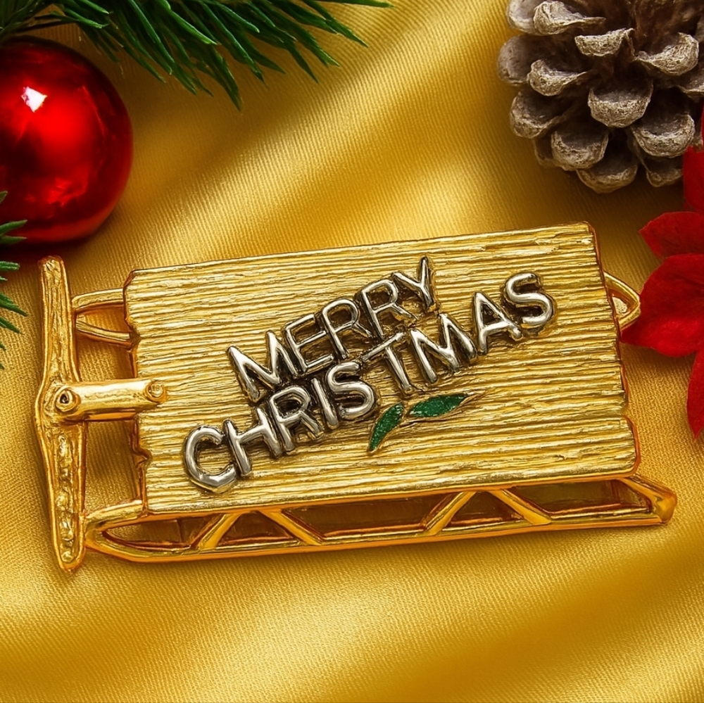 Vintage Merry Christmas Sled Brooch Pin – Gold Sleigh w/  Holly Leaves - Holiday